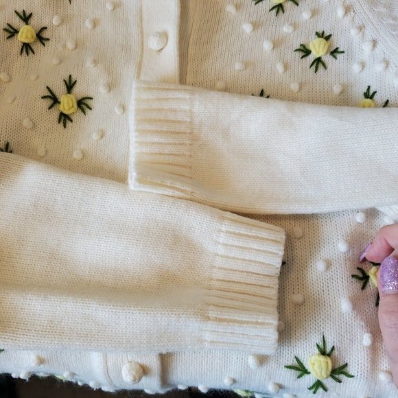 Vintage 60s Ivory‎ Floral Embroidered Popcorn Cardigan Sweater Sz Medium - Picture 7 of 9